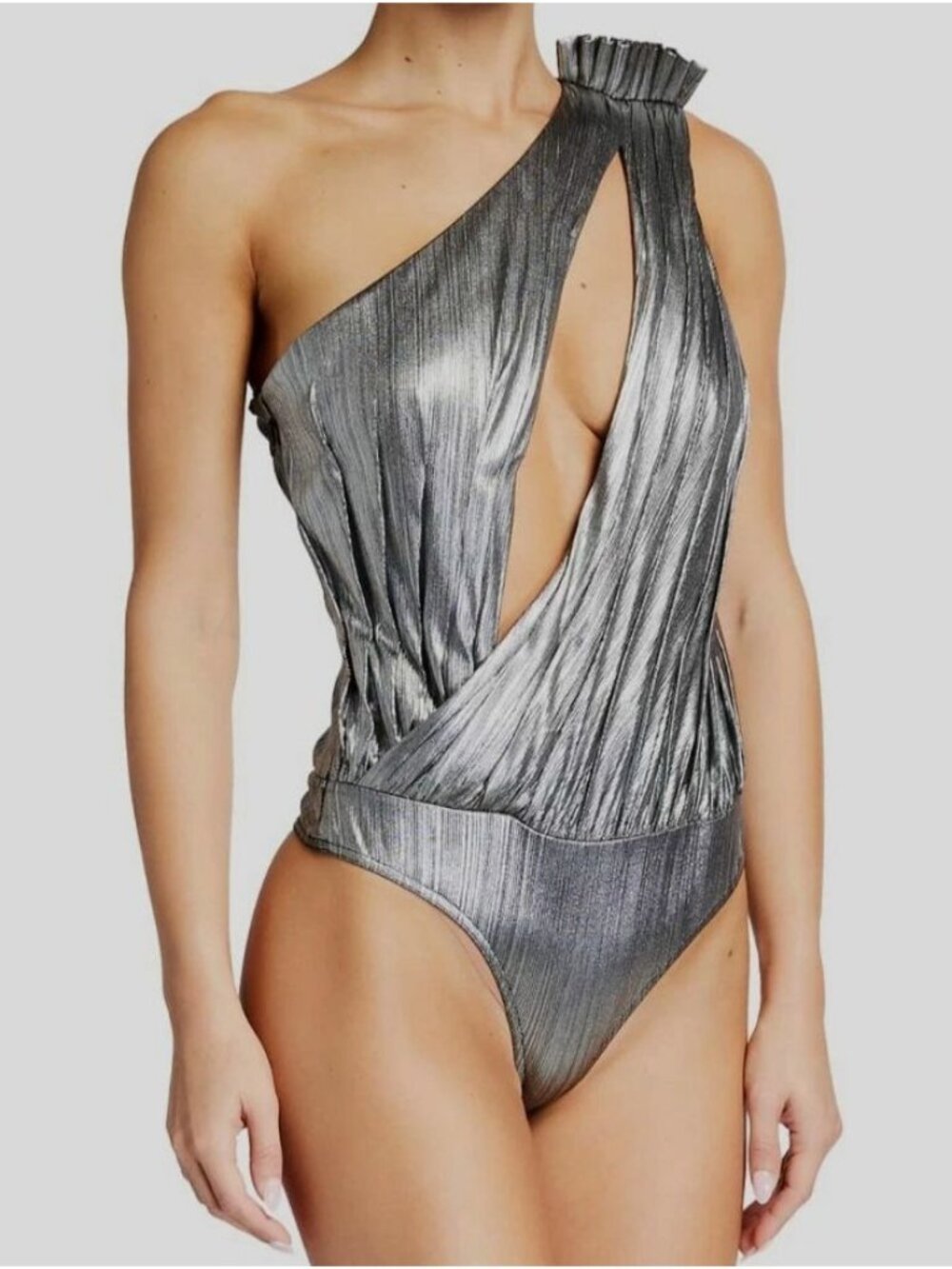 Retrofete Cassie Metallic One Shoulder Cutout Thong Bodysuit Women's Size XS NWT